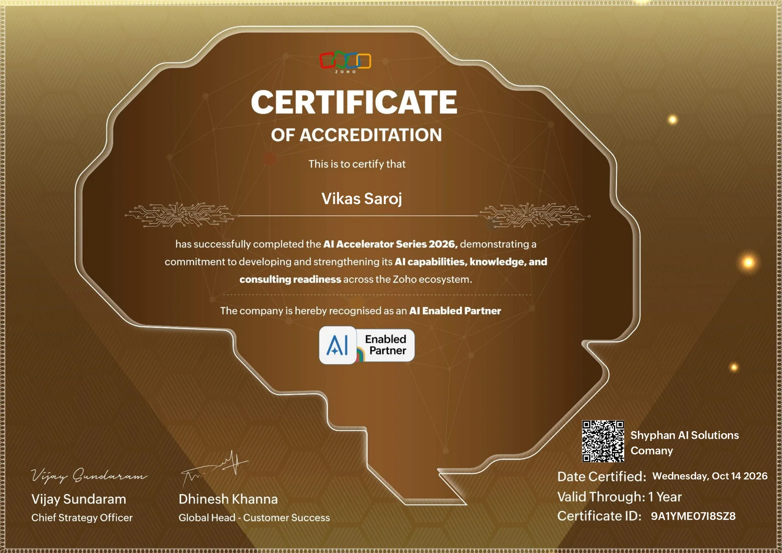 Zoho Certificate of Accreditation: Shyphan AI Solutions, AI Enabled Partner, AI Accelerator Series 2026, certified 14 October 2026