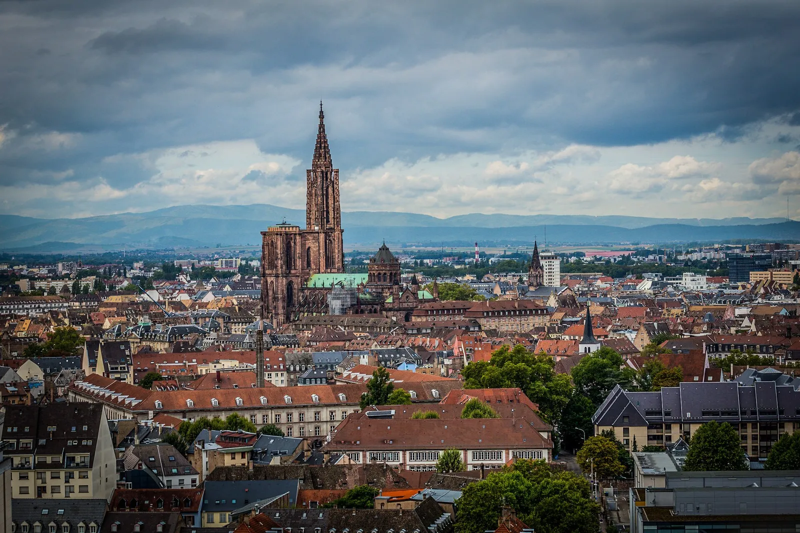 Aerial view of Strasbourg's rooftops with the cathedral rising above the city