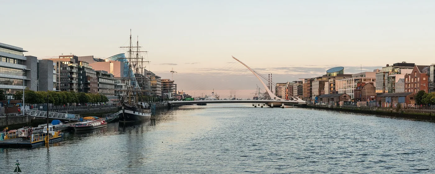 The River Liffey in Dublin's Docklands with the Jeanie Johnston and the Samuel Beckett Bridge