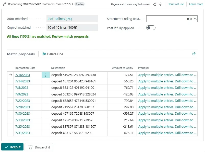 Bank reconciliation with Copilot in Business Central