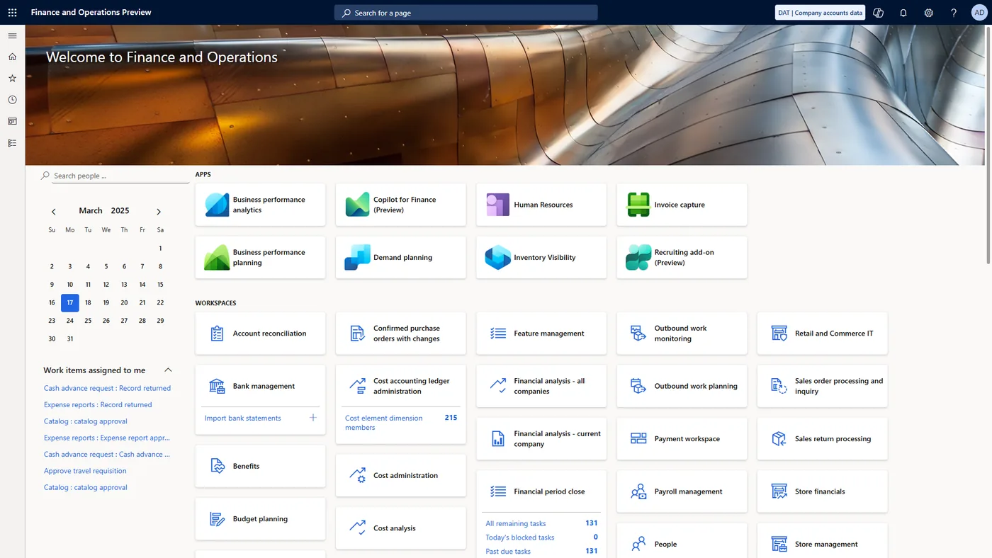 Workspaces in Dynamics 365 Finance and Operations