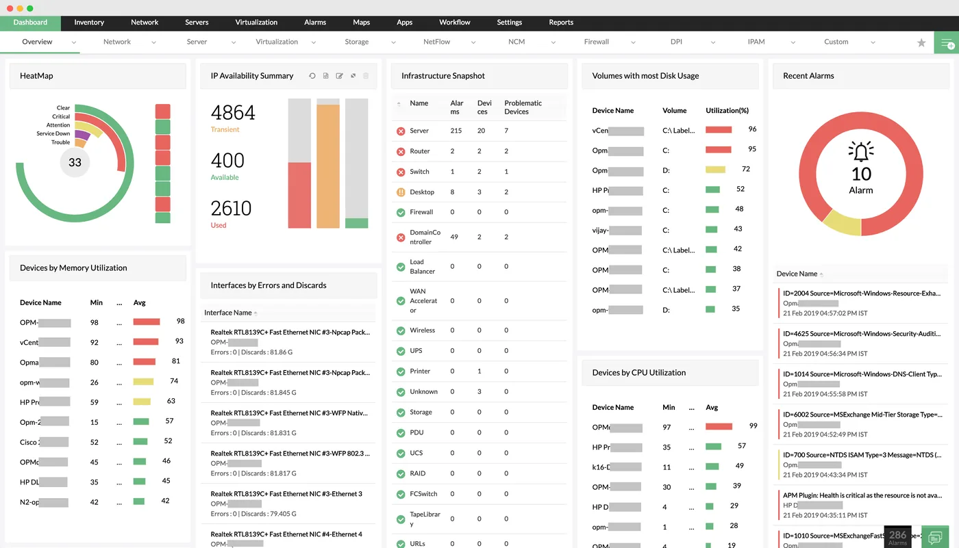 The network monitoring dashboard in OpManager (product screenshot)