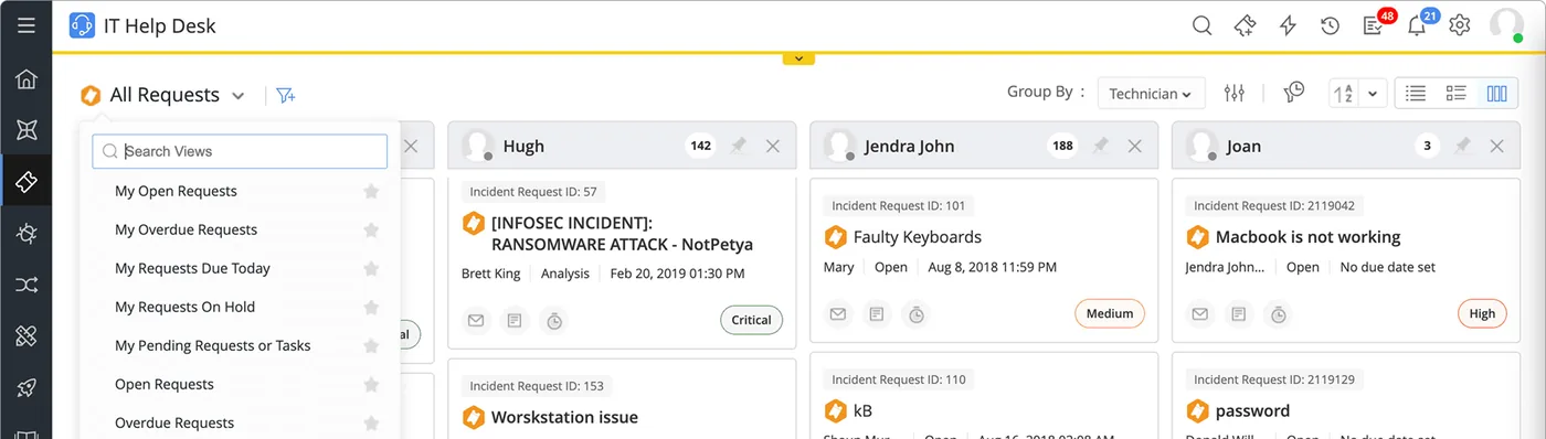 Incident requests in ServiceDesk Plus (product screenshot)
