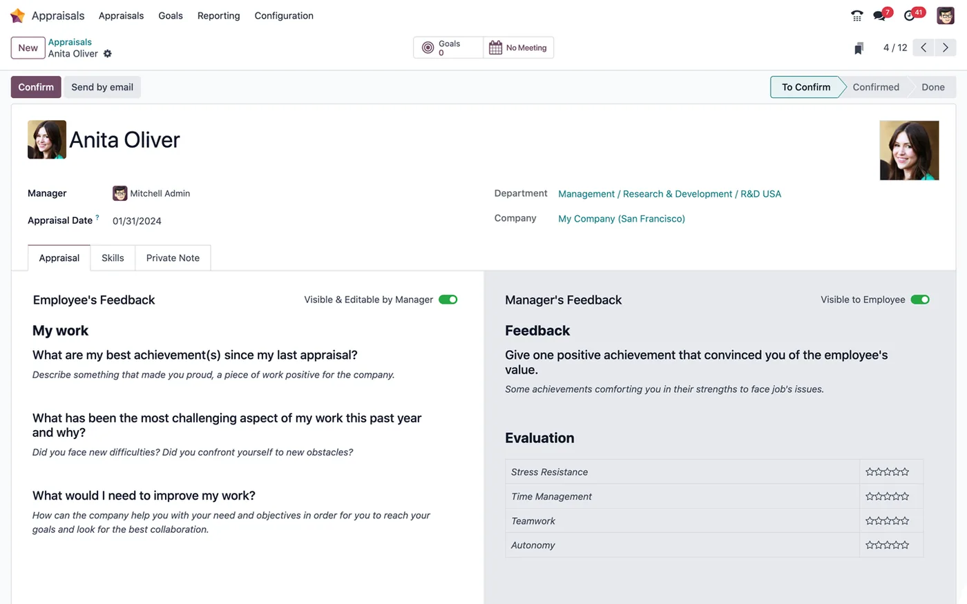 An employee appraisal in Odoo