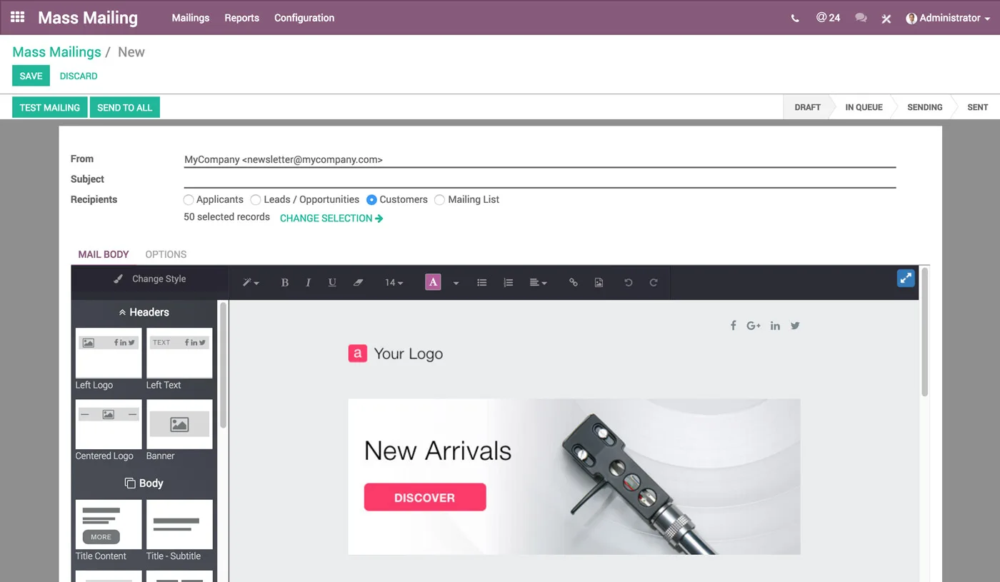 A mailing in Odoo Email Marketing (product screenshot)