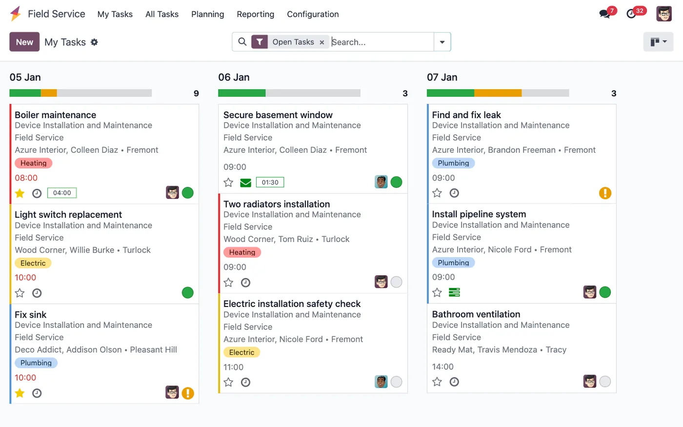 Technician tasks in Odoo Field Service (product screenshot)
