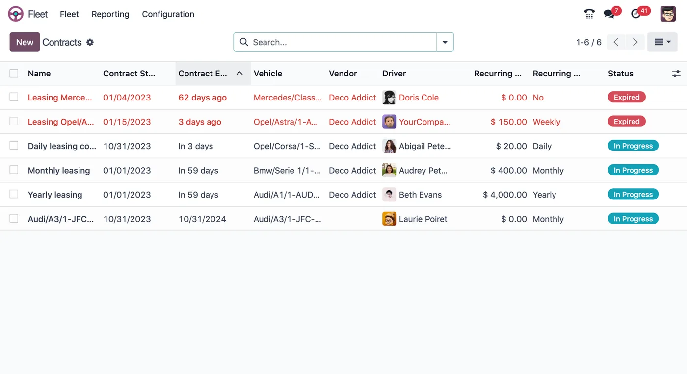Odoo Fleet interface