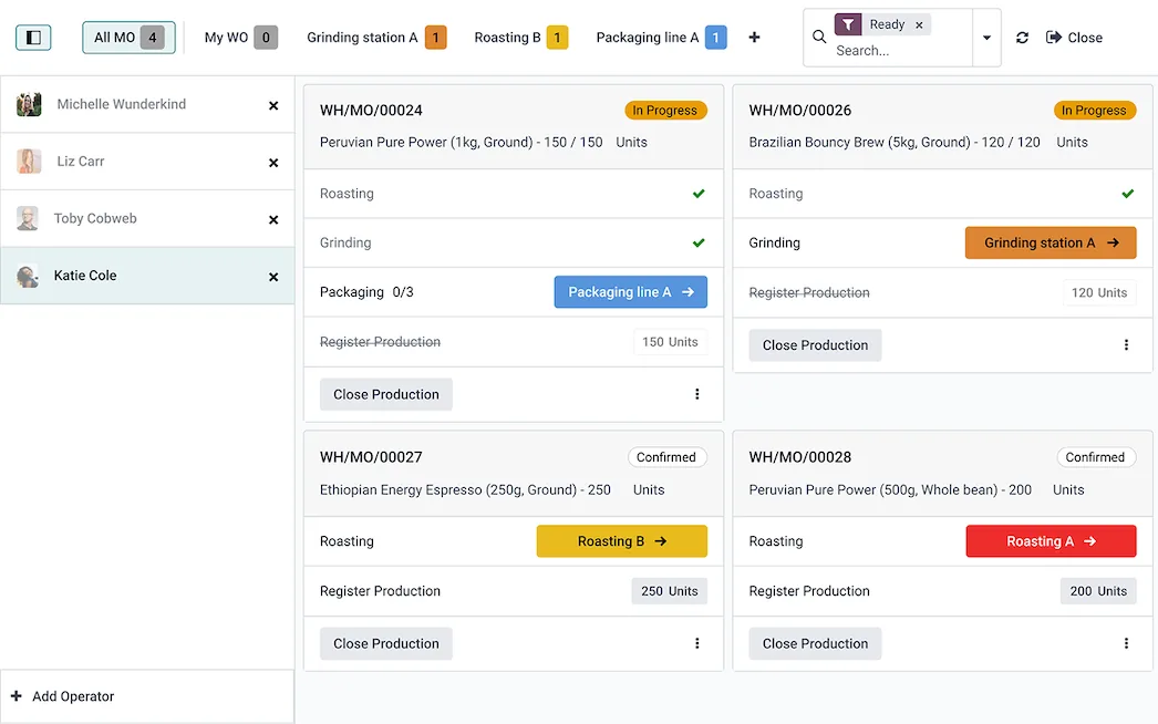 The shop floor view in Odoo Manufacturing (product screenshot)