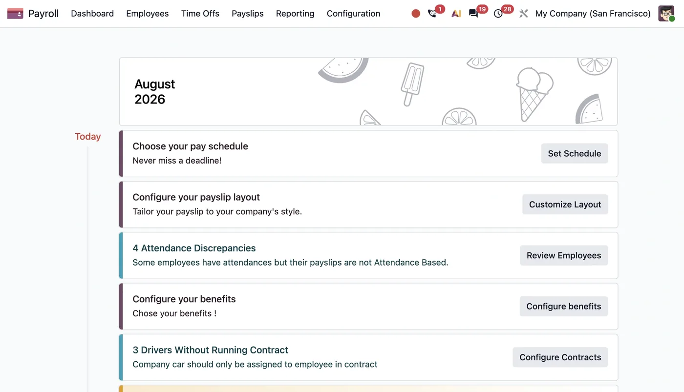 The Odoo Payroll dashboard
