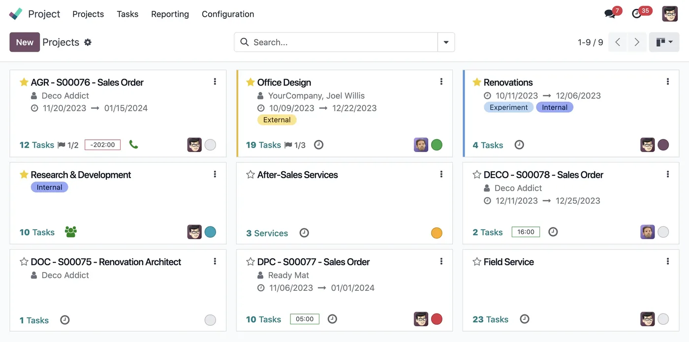 Projects overview in Odoo Project (product screenshot)