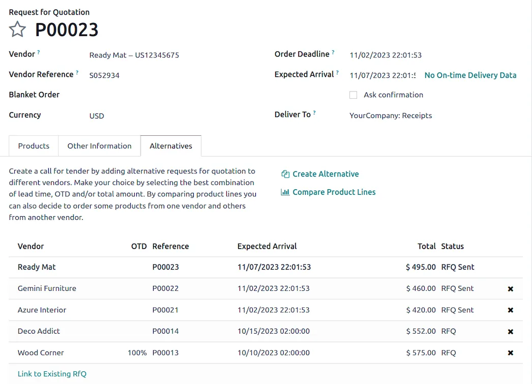 Comparing vendor quotes in Odoo Purchase