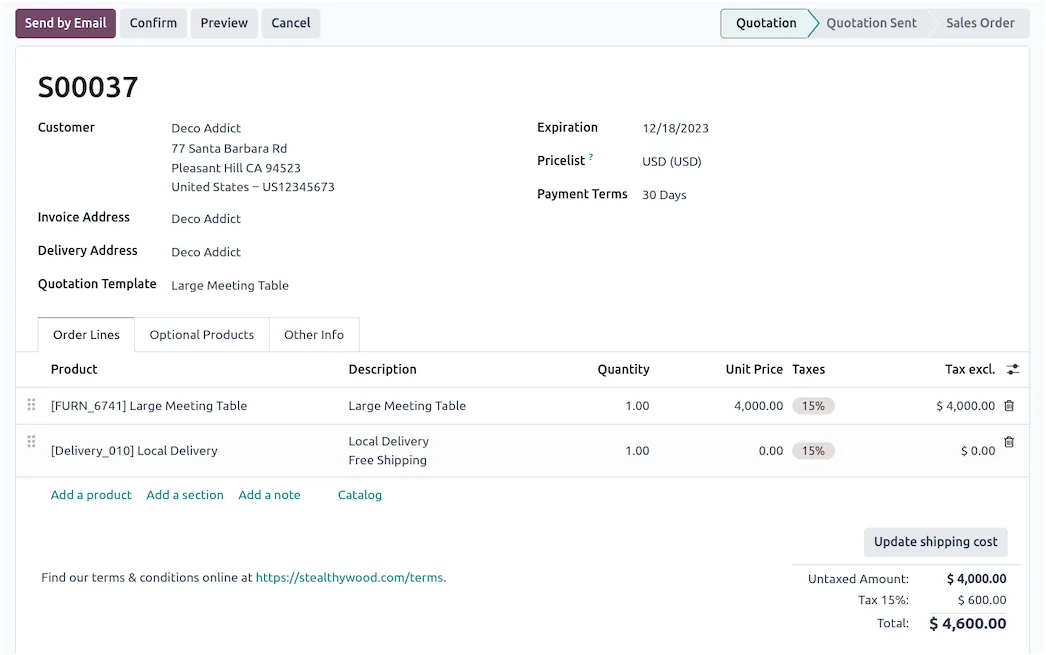Odoo Sales interface