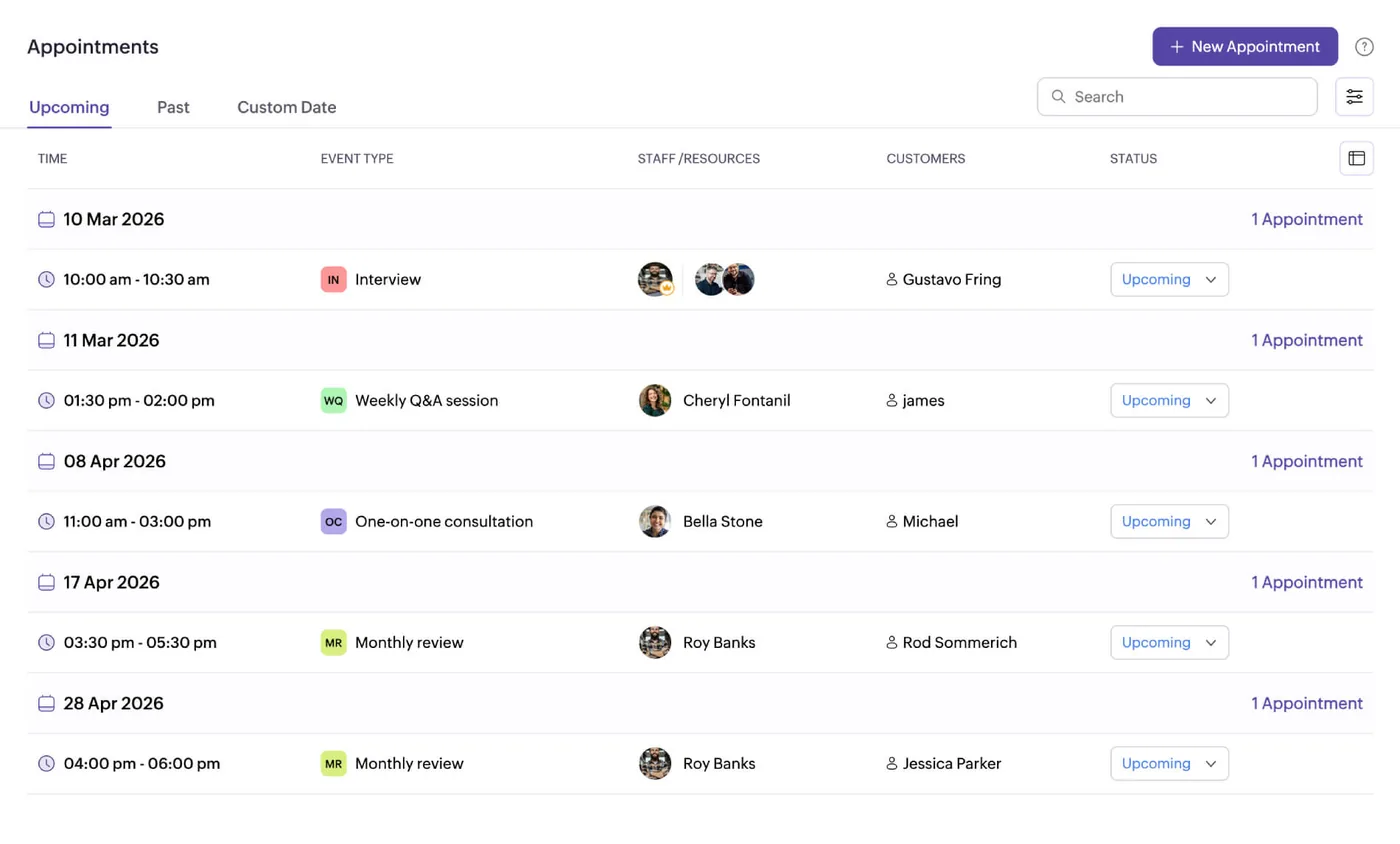 Zoho Bookings interface
