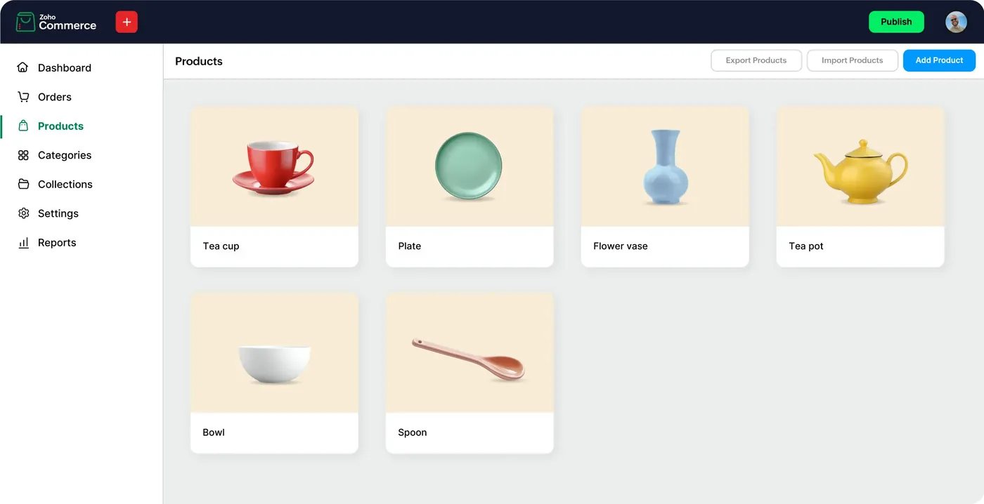 Zoho Commerce interface