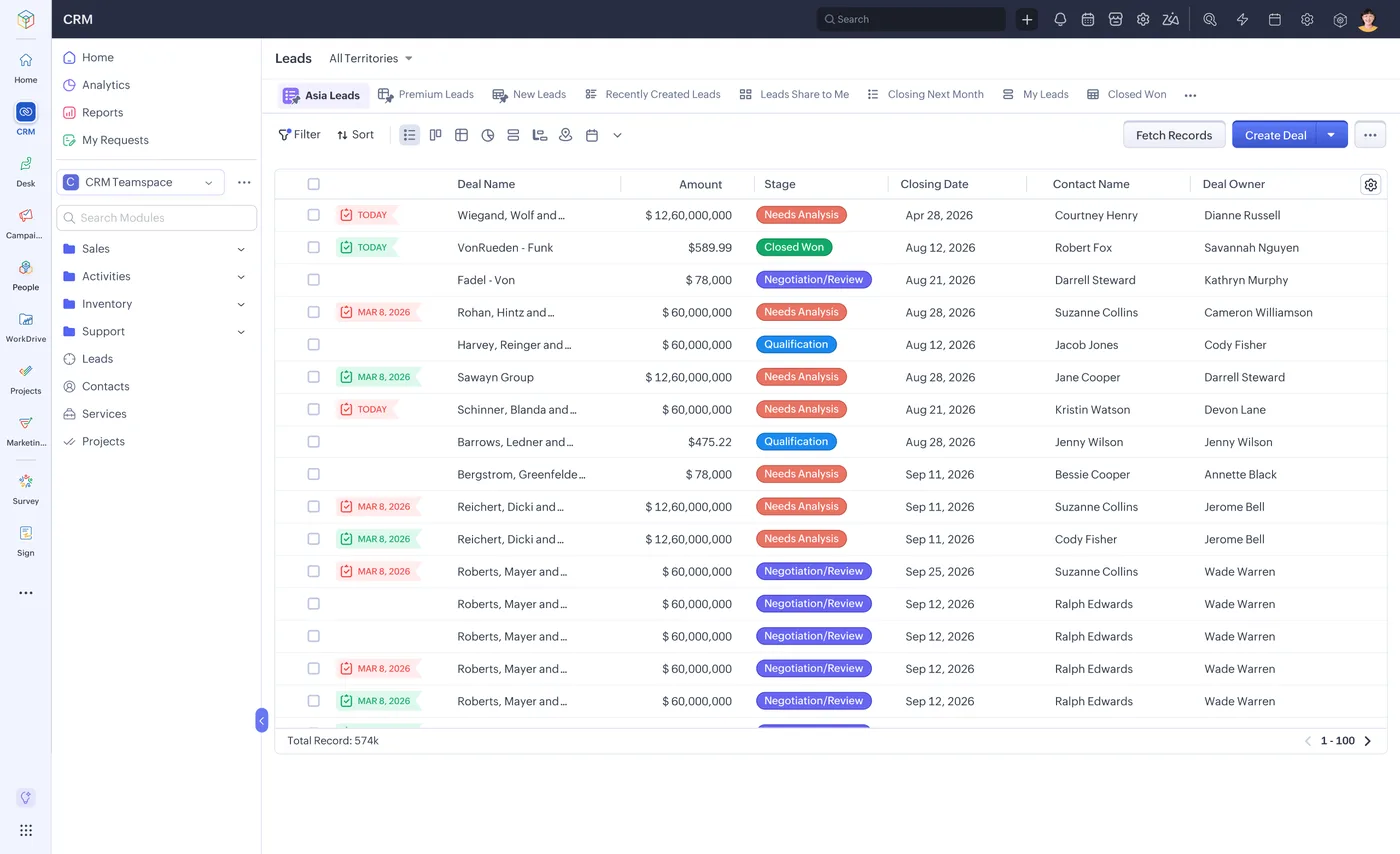 The lead list in Zoho CRM (product screenshot)