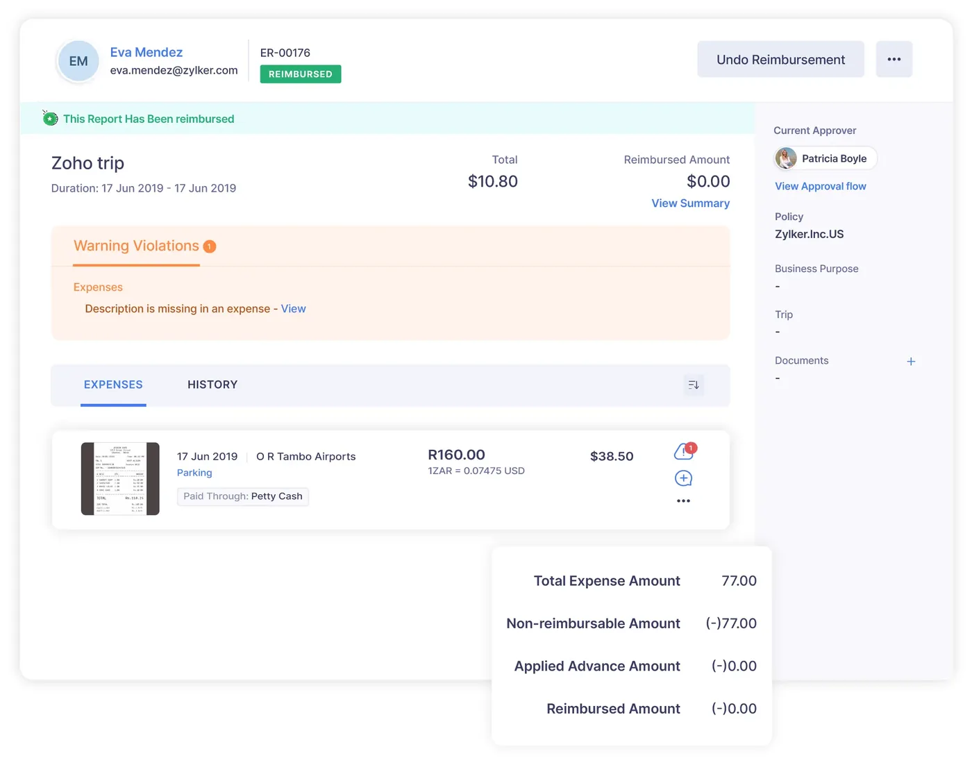 An expense report in Zoho Expense