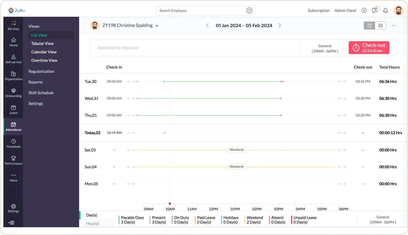 Attendance in Zoho People (product screenshot)