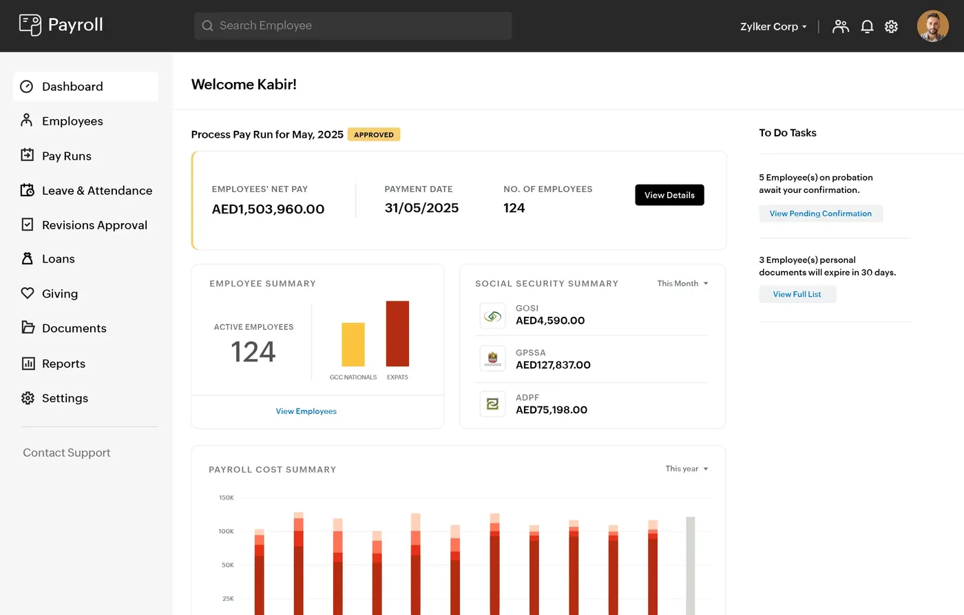Zoho Payroll, UAE edition (product screenshot)