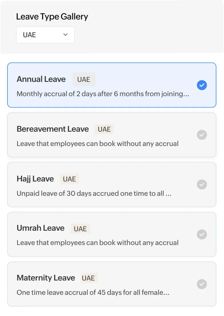 UAE leave types in Zoho People (product screenshot)