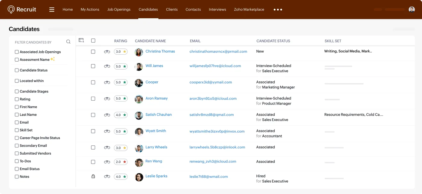 The candidate list in Zoho Recruit